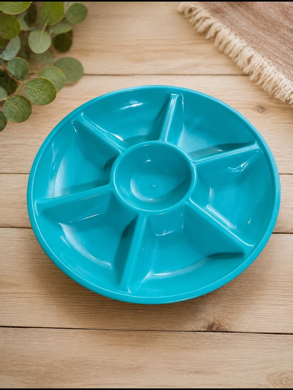 Turquoise 6 Section Divided Plastic Snack Serving Tray Dip Platter